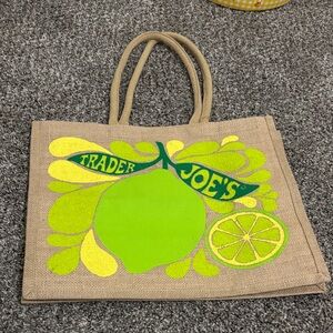 Trader Joe's Lemon and Lime jute burlap reusable shopping tote bag spring summer